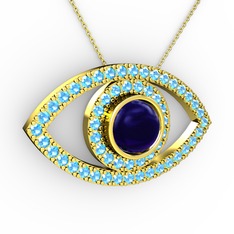 Lab safir ve akuamarin 18 ayar altın kolye (40 cm altın rolo zincir)