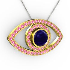 Lab safir ve pembe kuvars 8 ayar altın kolye (40 cm beyaz altın rolo zincir)