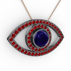 Palmira Göz Kolye - Lab safir ve garnet 925 ayar siyah rodyum kaplama gümüş kolye (40 cm rose altın rolo zincir) #786y8g