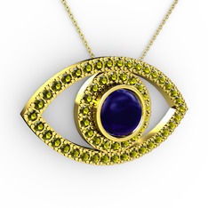 Lab safir ve peridot 14 ayar altın kolye (40 cm altın rolo zincir)