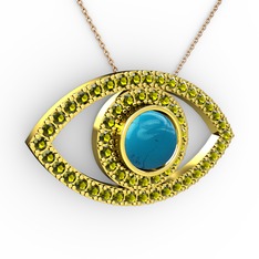 Palmira Göz Kolye - Turkuaz ve peridot 8 ayar altın kolye (40 cm gümüş rolo zincir) #ab9yki