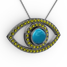 Palmira Göz Kolye - Turkuaz ve peridot 925 ayar siyah rodyum kaplama gümüş kolye (40 cm gümüş rolo zincir) #agjr50