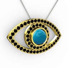 Palmira Göz Kolye - Turkuaz ve siyah zirkon 14 ayar altın kolye (40 cm beyaz altın rolo zincir) #cvun4m