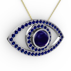 Lab safir 14 ayar beyaz altın kolye (40 cm gümüş rolo zincir)