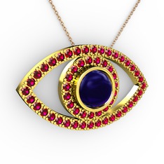Palmira Göz Kolye - Lab safir ve rodolit garnet 925 ayar altın kaplama gümüş kolye (40 cm rose altın rolo zincir) #l46mhe