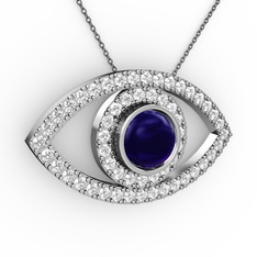 Lab safir ve swarovski 18 ayar beyaz altın kolye (40 cm gümüş rolo zincir)