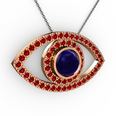Lab safir ve garnet 18 ayar rose altın kolye (40 cm gümüş rolo zincir)
