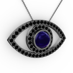 Palmira Göz Kolye - Lab safir ve siyah zirkon 925 ayar siyah rodyum kaplama gümüş kolye (40 cm gümüş rolo zincir) #q73se