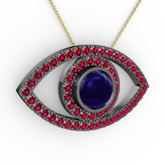 Palmira Göz Kolye - Lab safir ve rodolit garnet 925 ayar siyah rodyum kaplama gümüş kolye (40 cm altın rolo zincir) #r7ra7e