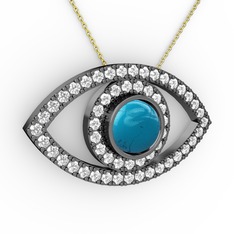 Turkuaz ve swarovski 925 ayar siyah rodyum kaplama gümüş kolye (40 cm altın rolo zincir)