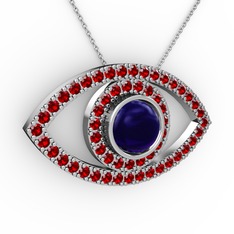 Palmira Göz Kolye - Lab safir ve garnet 8 ayar beyaz altın kolye (40 cm beyaz altın rolo zincir) #sy31t8