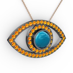 Palmira Göz Kolye - Turkuaz ve sitrin 925 ayar siyah rodyum kaplama gümüş kolye (40 cm rose altın rolo zincir) #txs8pd