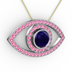 Lab safir ve pembe kuvars 925 ayar gümüş kolye (40 cm altın rolo zincir)