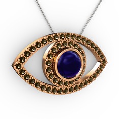 Lab safir ve dumanlı kuvars 18 ayar rose altın kolye (40 cm beyaz altın rolo zincir)