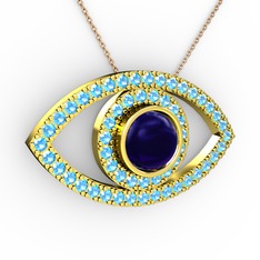 Palmira Göz Kolye - Lab safir ve akuamarin 14 ayar altın kolye (40 cm rose altın rolo zincir) #wfbt9z