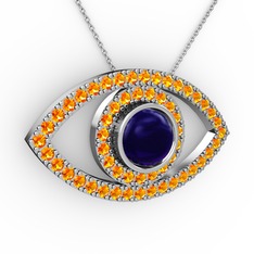 Palmira Göz Kolye - Lab safir ve sitrin 8 ayar beyaz altın kolye (40 cm beyaz altın rolo zincir) #wg714w