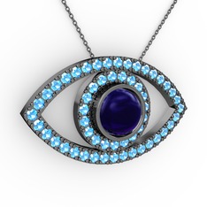 Palmira Göz Kolye - Lab safir ve akuamarin 925 ayar siyah rodyum kaplama gümüş kolye (40 cm gümüş rolo zincir) #wxykq7