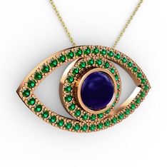 Palmira Göz Kolye - Lab safir ve yeşil kuvars 8 ayar rose altın kolye (40 cm altın rolo zincir) #x0oxo5