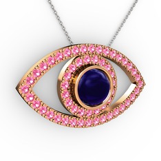 Palmira Göz Kolye - Lab safir ve pembe kuvars 8 ayar rose altın kolye (40 cm gümüş rolo zincir) #z226r1