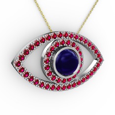 Lab safir ve rodolit garnet 14 ayar beyaz altın kolye (40 cm gümüş rolo zincir)