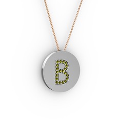 B Baş Harf Kolye - Peridot 18 ayar beyaz altın kolye (40 cm rose altın rolo zincir) #10bqnq1