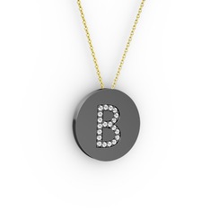 B Baş Harf Kolye - Beyaz zirkon 925 ayar siyah rodyum kaplama gümüş kolye (40 cm altın rolo zincir) #15xvq34