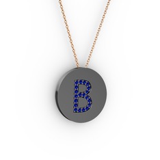 B Baş Harf Kolye - Lab safir 925 ayar siyah rodyum kaplama gümüş kolye (40 cm rose altın rolo zincir) #15yztae