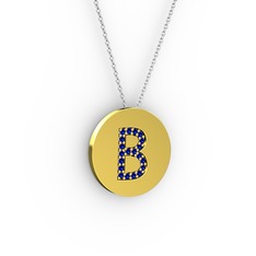 B Baş Harf Kolye - Lab safir 925 ayar altın kaplama gümüş kolye (40 cm beyaz altın rolo zincir) #186205m