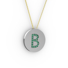 B Baş Harf Kolye - Yeşil kuvars 14 ayar beyaz altın kolye (40 cm gümüş rolo zincir) #1ksokpd