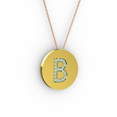 B Baş Harf Kolye - Akuamarin 18 ayar altın kolye (40 cm gümüş rolo zincir) #1m11968