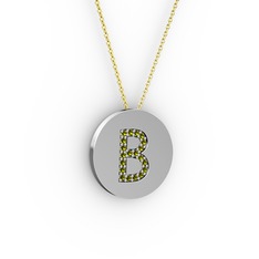 B Baş Harf Kolye - Peridot 18 ayar beyaz altın kolye (40 cm gümüş rolo zincir) #1rlzbz9