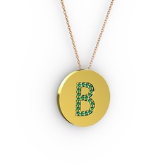 B Baş Harf Kolye - Yeşil kuvars 8 ayar altın kolye (40 cm gümüş rolo zincir) #1svuk07