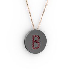 B Baş Harf Kolye - Garnet 925 ayar siyah rodyum kaplama gümüş kolye (40 cm rose altın rolo zincir) #1sygcoa