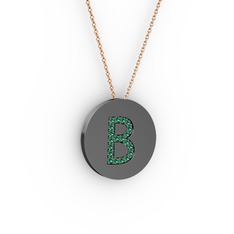 B Baş Harf Kolye - Yeşil kuvars 925 ayar siyah rodyum kaplama gümüş kolye (40 cm rose altın rolo zincir) #1y2uuy2