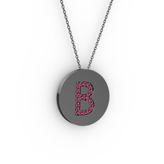 B Baş Harf Kolye - Rodolit garnet 925 ayar siyah rodyum kaplama gümüş kolye (40 cm gümüş rolo zincir) #56b2zv