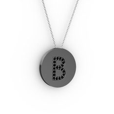 B Baş Harf Kolye - Siyah zirkon 925 ayar siyah rodyum kaplama gümüş kolye (40 cm beyaz altın rolo zincir) #7pkb2k