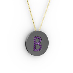 B Baş Harf Kolye - Ametist 925 ayar siyah rodyum kaplama gümüş kolye (40 cm gümüş rolo zincir) #c802fe