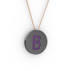 B Baş Harf Kolye - Ametist 925 ayar siyah rodyum kaplama gümüş kolye (40 cm gümüş rolo zincir) #glba61