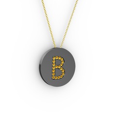 B Baş Harf Kolye - Sitrin 925 ayar siyah rodyum kaplama gümüş kolye (40 cm gümüş rolo zincir) #jup2e5