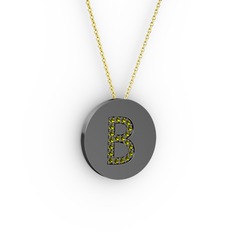 B Baş Harf Kolye - Peridot 925 ayar siyah rodyum kaplama gümüş kolye (40 cm altın rolo zincir) #oqd9s9