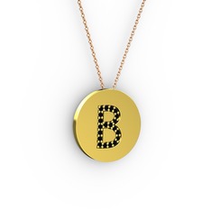 B Baş Harf Kolye - Siyah zirkon 8 ayar altın kolye (40 cm rose altın rolo zincir) #qav2nl