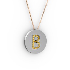 B Baş Harf Kolye - Sitrin 14 ayar beyaz altın kolye (40 cm rose altın rolo zincir) #xihds5