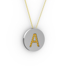 A Baş Harf Kolye - Sitrin 14 ayar beyaz altın kolye (40 cm altın rolo zincir) #12ku9jk