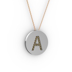 A Baş Harf Kolye - Dumanlı kuvars 18 ayar beyaz altın kolye (40 cm rose altın rolo zincir) #1gsvov