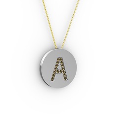 A Baş Harf Kolye - Dumanlı kuvars 14 ayar beyaz altın kolye (40 cm altın rolo zincir) #1ku84w1