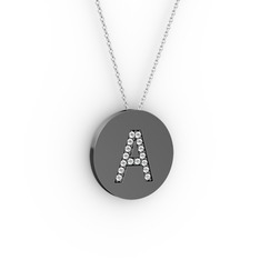 A Baş Harf Kolye - Beyaz zirkon 925 ayar siyah rodyum kaplama gümüş kolye (40 cm beyaz altın rolo zincir) #1lszmqn