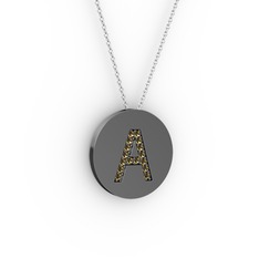 A Baş Harf Kolye - Dumanlı kuvars 925 ayar siyah rodyum kaplama gümüş kolye (40 cm beyaz altın rolo zincir) #1ly03if