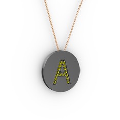 A Baş Harf Kolye - Peridot 925 ayar siyah rodyum kaplama gümüş kolye (40 cm gümüş rolo zincir) #1srmxt3