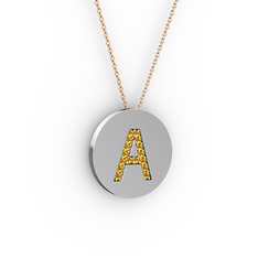 A Baş Harf Kolye - Sitrin 8 ayar beyaz altın kolye (40 cm rose altın rolo zincir) #63efbp