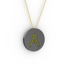 A Baş Harf Kolye - Peridot 925 ayar siyah rodyum kaplama gümüş kolye (40 cm altın rolo zincir) #ntqegw
